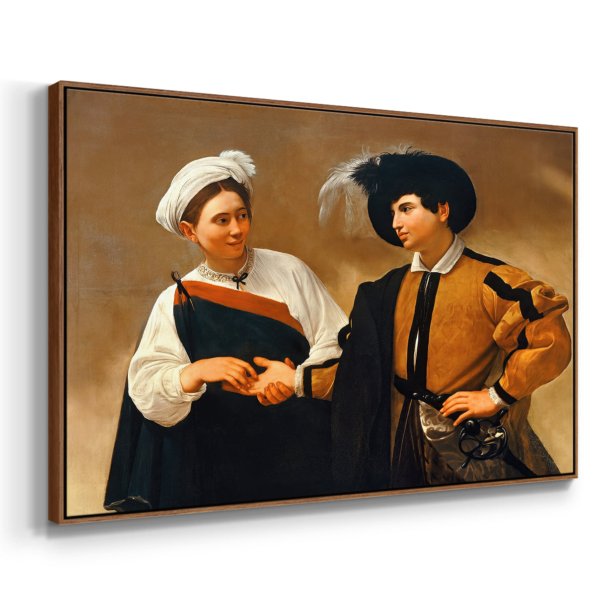 Angled view of The Fortune Teller (Capitoline Version), c. 1599 by Caravaggio in a walnut floater framed canvas.