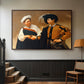 Walnut floater framed canvas featuring a genre scene of fortune telling with subtle theft, displayed in a hallway near a staircase.