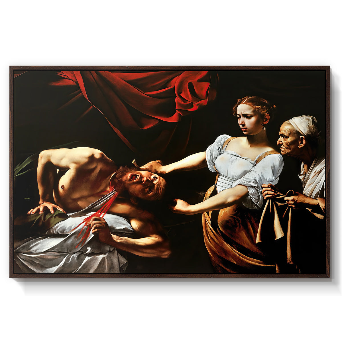 Judith Beheading Holofernes, c. 1599 by Caravaggio in a walnut floater framed canvas wall art display.