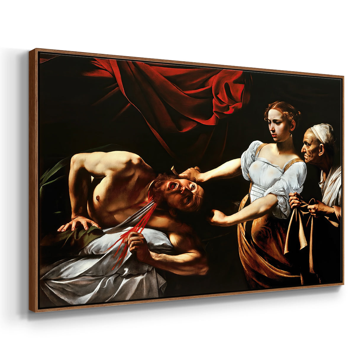 Angled view of Judith Beheading Holofernes, c. 1599 by Caravaggio in a walnut floater framed canvas.