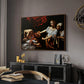 Judith Beheading Holofernes, c. 1599 by Caravaggio in a walnut floater framed canvas featuring an intense moment of Judith slaying Holofernes with sword, displayed above a desk in a dark home office interior.