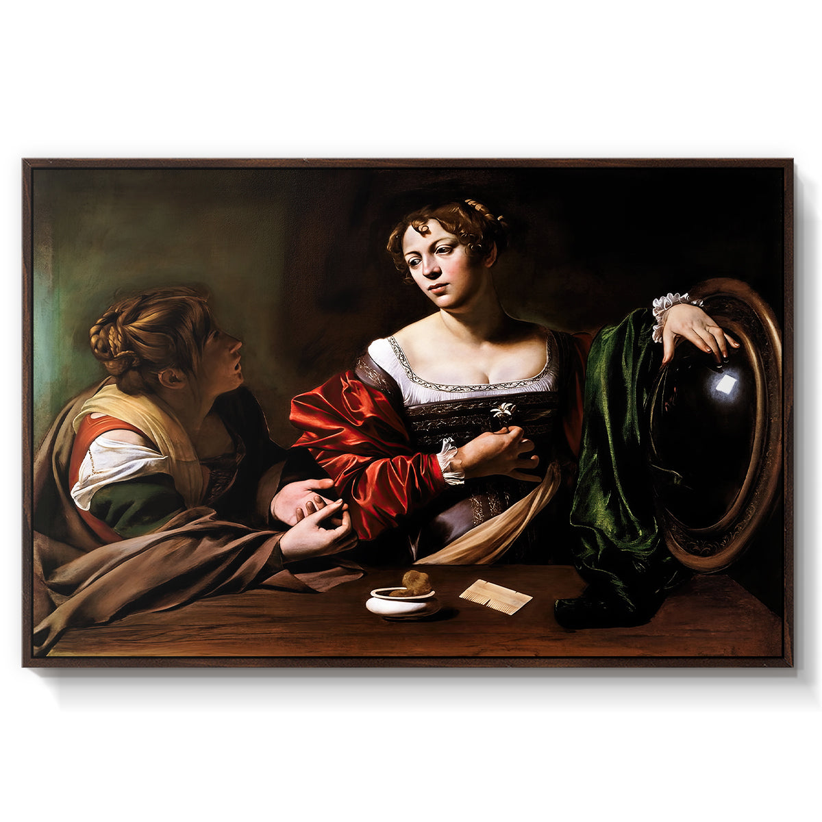 Martha and Mary Magdalene, c. 1598 by Caravaggio in a walnut floater framed canvas wall art display.