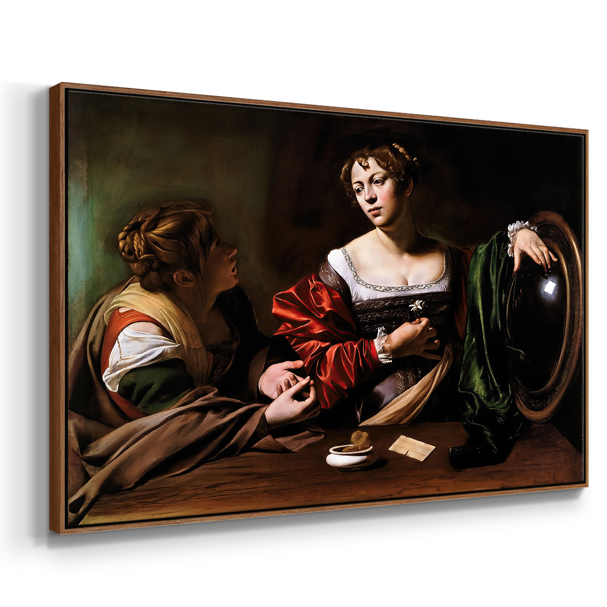 Angled view of Martha and Mary Magdalene, c. 1598 by Caravaggio in a walnut floater framed canvas.