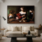 Martha and Mary Magdalene, c. 1598 by Caravaggio as a walnut floater framed canvas featuring a two women seated together in conversation with symbolic objects on table, displayed above a sofa in a modern living room.