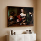 Walnut floater framed canvas of Martha and Mary Magdalene, c. 1598 by Caravaggio, featuring a biblical scene of Martha speaking to Mary Magdalene indoors above a console cabinet in a minimalist entryway.