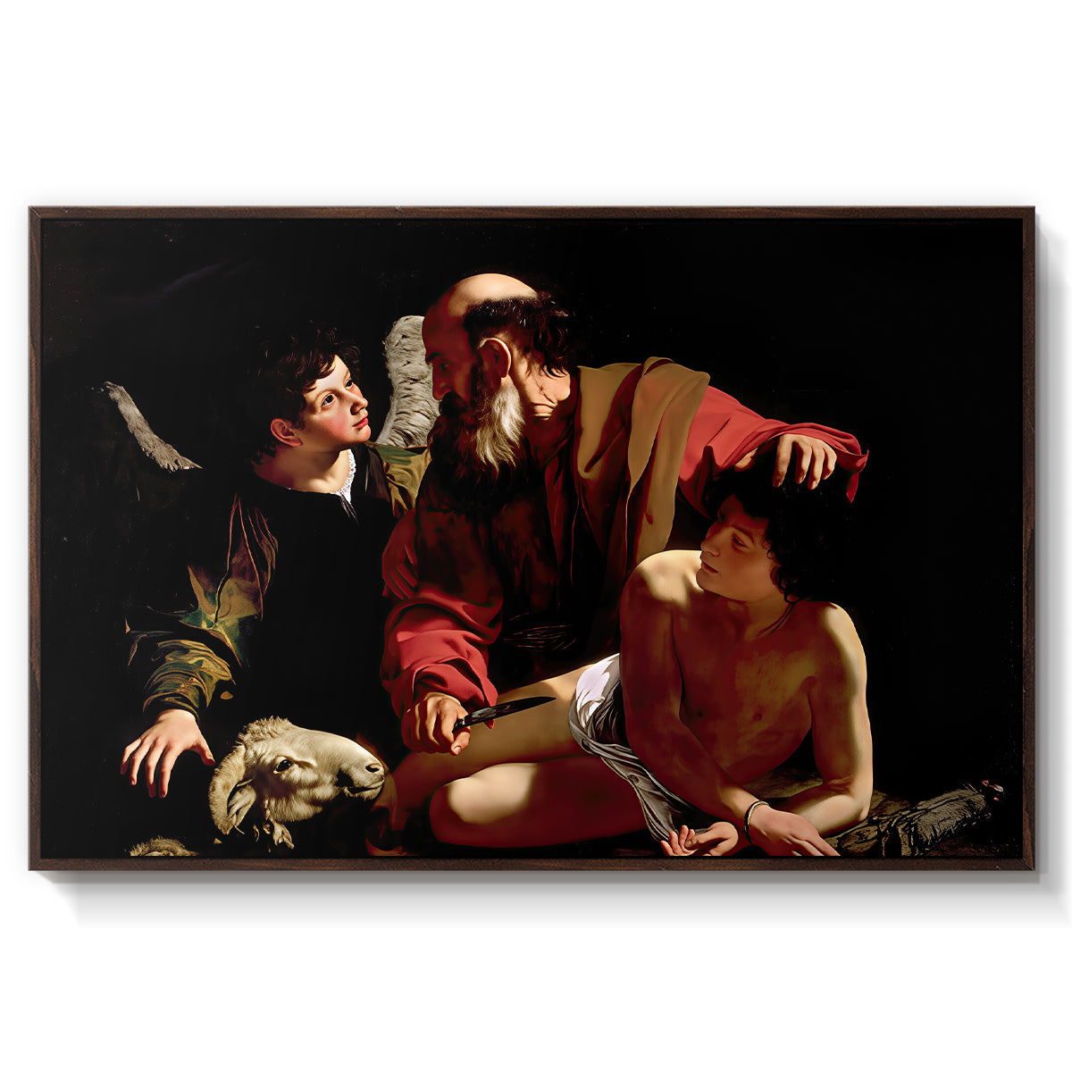 The Sacrifice of Isaac (Uffizi Version), c. 1603 by Caravaggio in a walnut floater framed canvas wall art display.