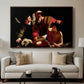 The Sacrifice of Isaac (Uffizi Version), c. 1603 by Caravaggio displayed in a walnut floater framed canvas above a sofa in a clean living room.