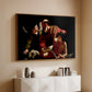 Walnut floater framed canvas of The Sacrifice of Isaac (Uffizi Version), c. 1603 by Caravaggio, featuring a biblical scene of father about to sacrifice son as angel restrains him above a console cabinet in a minimalist entryway.