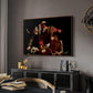 The Sacrifice of Isaac (Uffizi Version), c. 1603 by Caravaggio in a walnut floater framed canvas featuring a dramatic moment of divine intervention during sacrifice of Isaac, displayed above a desk in a dark home office interior.