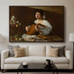 The Lute Player (Hermitage Version), c. 1596 by Caravaggio displayed in a walnut floater framed canvas above a sofa in a clean living room.