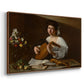 Angled view of The Lute Player (Hermitage Version), c. 1596 by Caravaggio in a walnut floater framed canvas.
