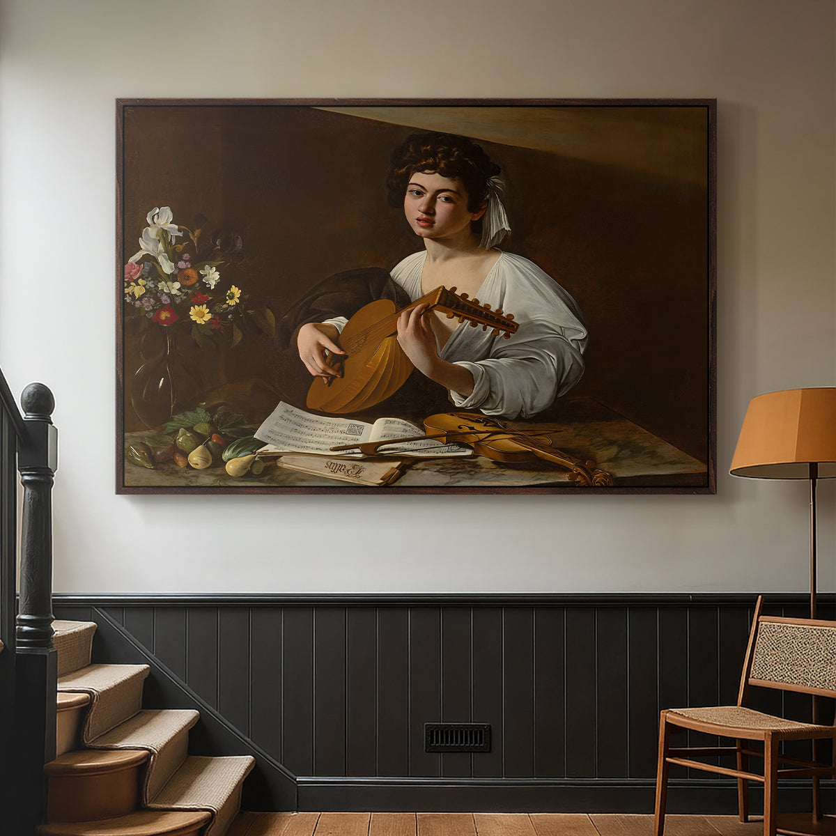 Walnut floater framed canvas featuring a Baroque depiction of musician with detailed textures and lighting, displayed in a hallway near a staircase.