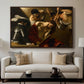 The Crowning with Thorns (Vienna Version), c. 1602-1604 by Caravaggio displayed in a walnut floater framed canvas above a sofa in a clean living room.
