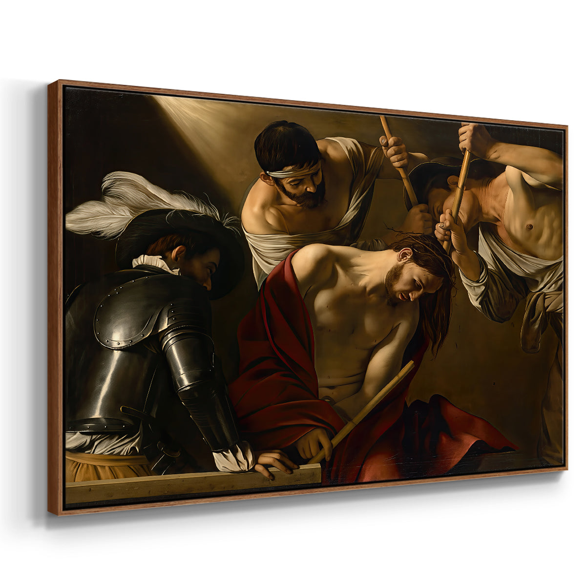 Angled view of The Crowning with Thorns (Vienna Version), c. 1602-1604 by Caravaggio in a walnut floater framed canvas.