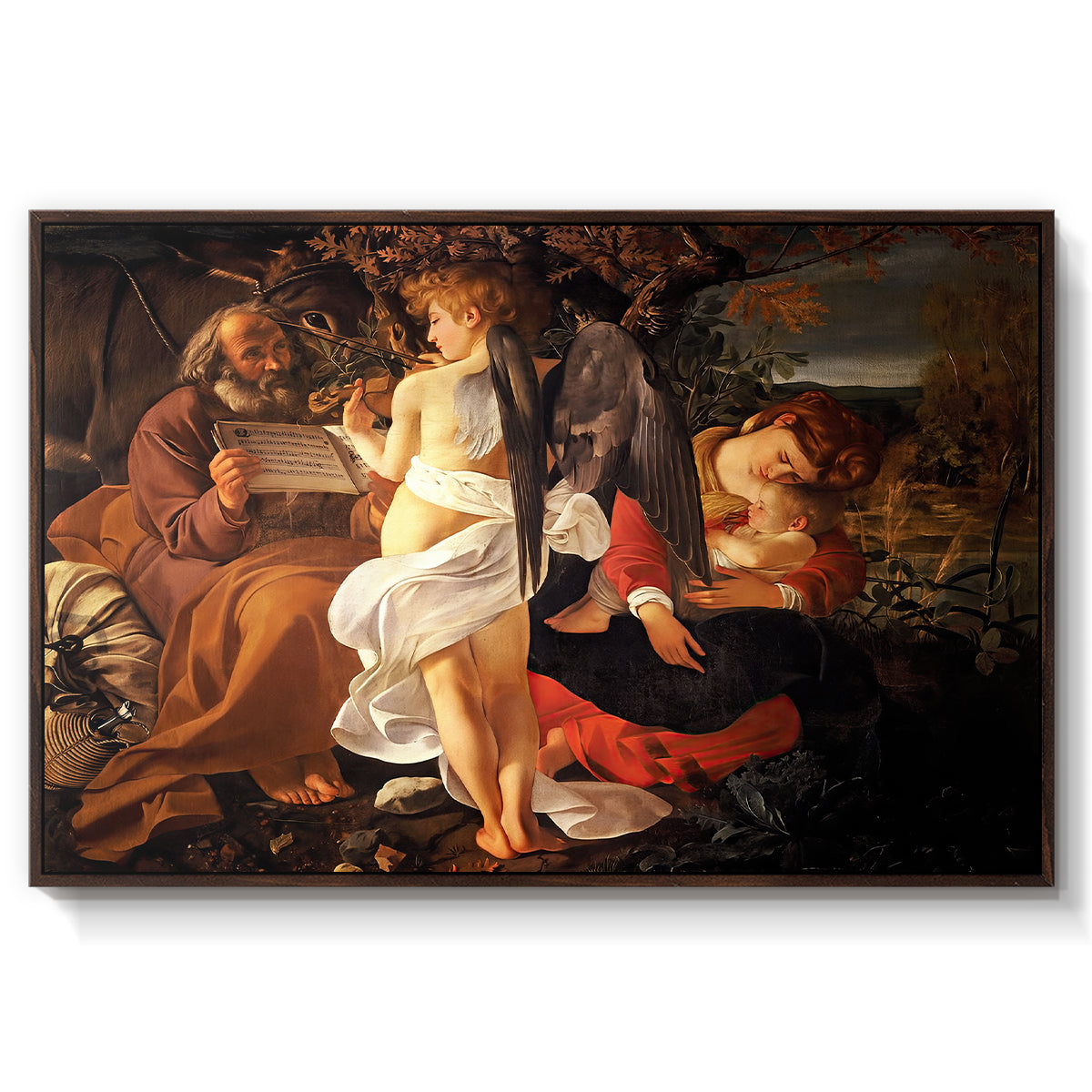 Rest on the Flight into Egypt, c. 1597 by Caravaggio in a walnut floater framed canvas wall art display.