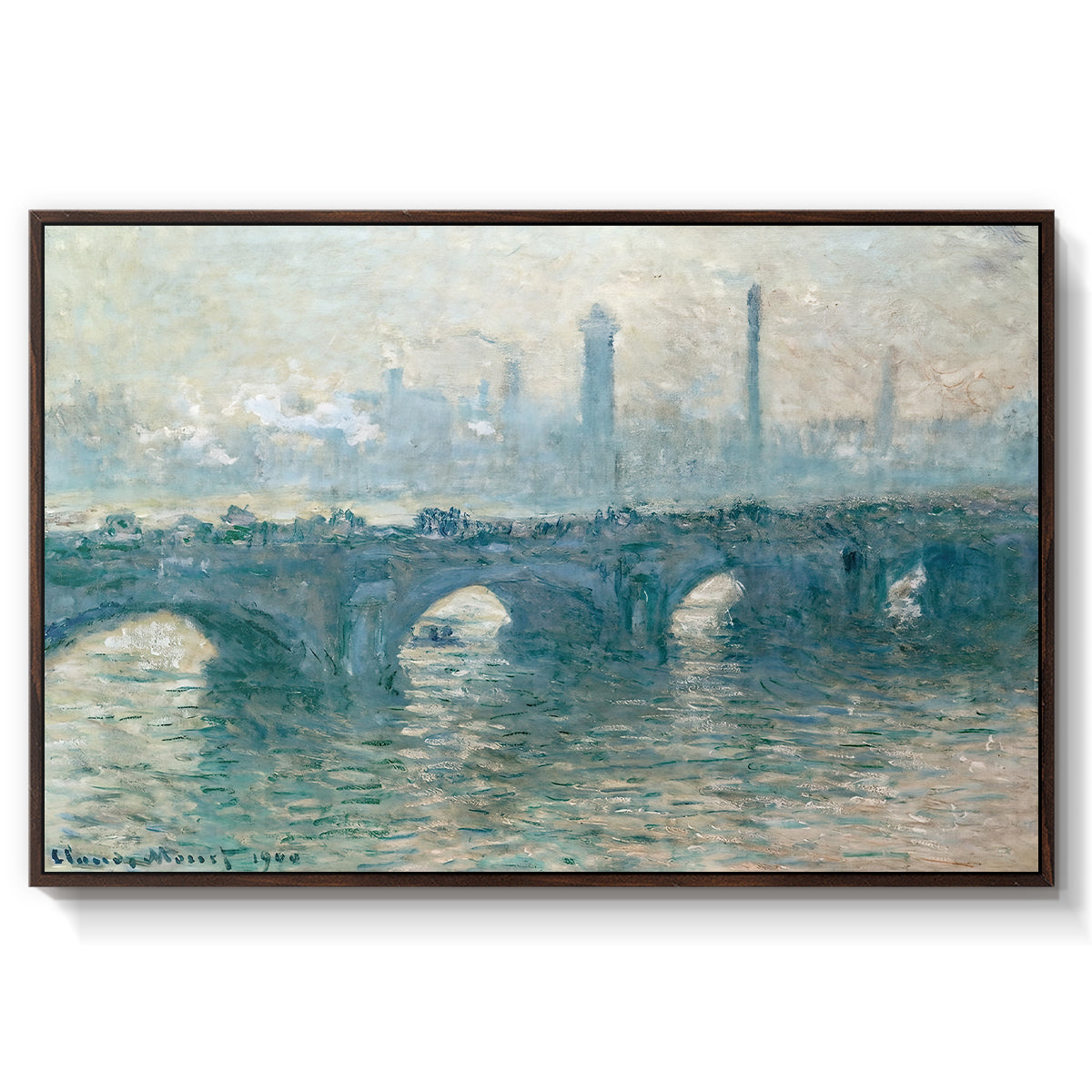 Waterloo Bridge, Gray Weather, 1900 by Claude Monet in a walnut floater framed canvas wall art display.
