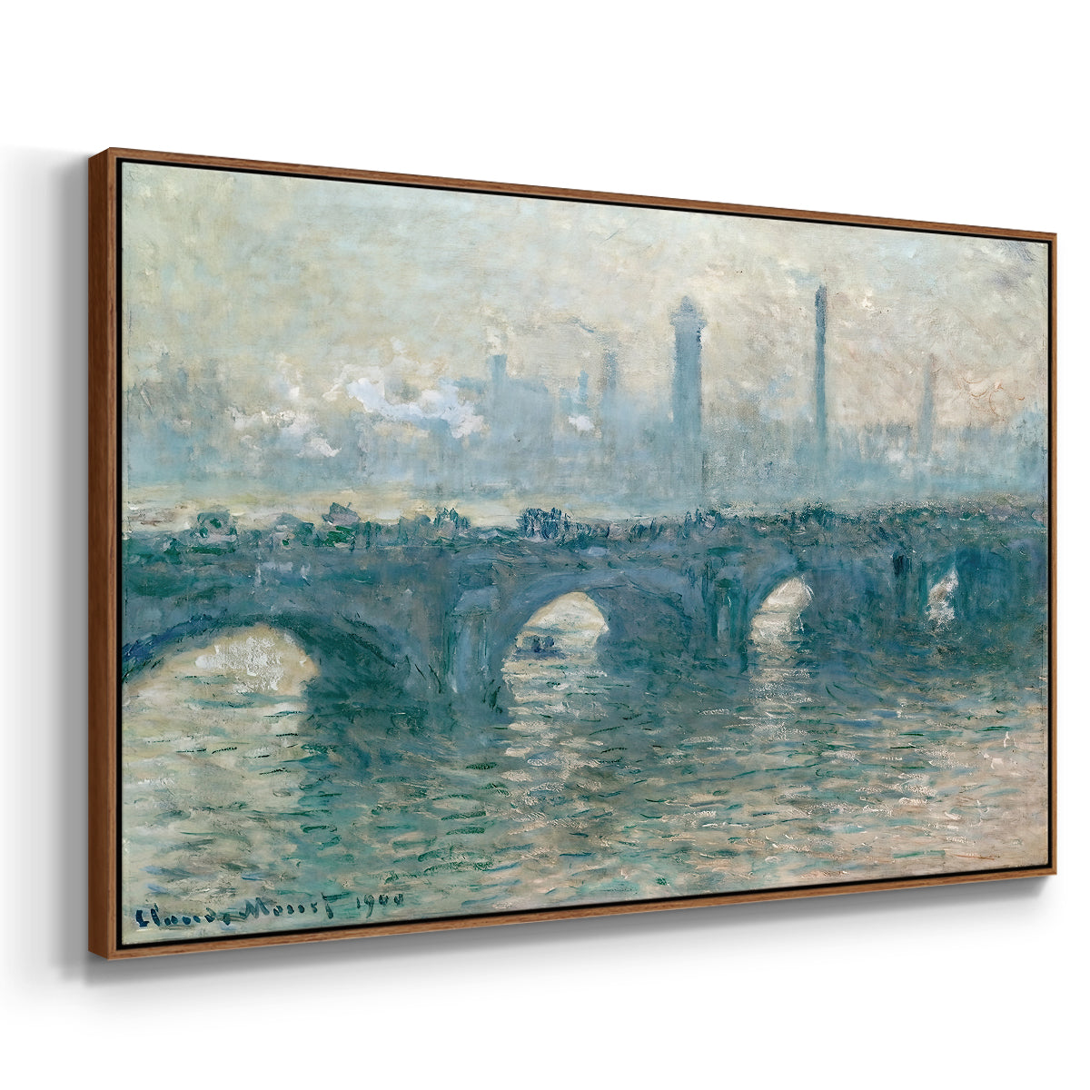 Angled view of Waterloo Bridge, Gray Weather, 1900 by Claude Monet in a walnut floater framed canvas.