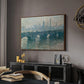 Waterloo Bridge, Gray Weather, 1900 by Claude Monet in a walnut floater framed canvas featuring a soft-toned river scene with bridge and muted skyline, displayed above a desk in a dark home office interior.
