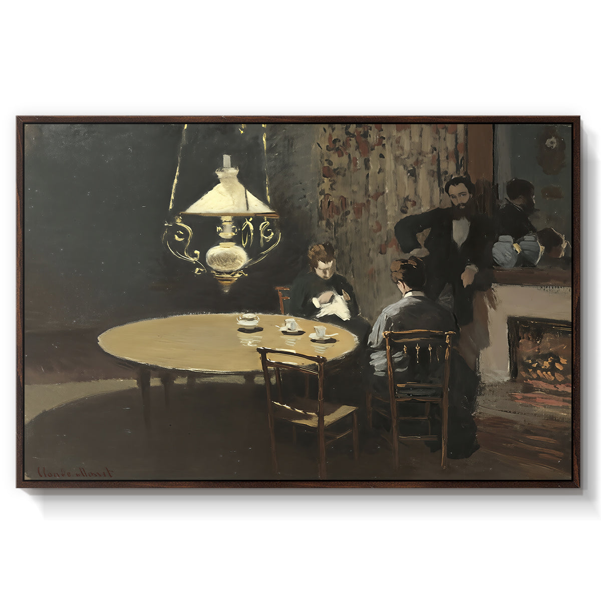 Interior, after Dinner, 1868-1869 by Claude Monet in a walnut floater framed canvas wall art display.