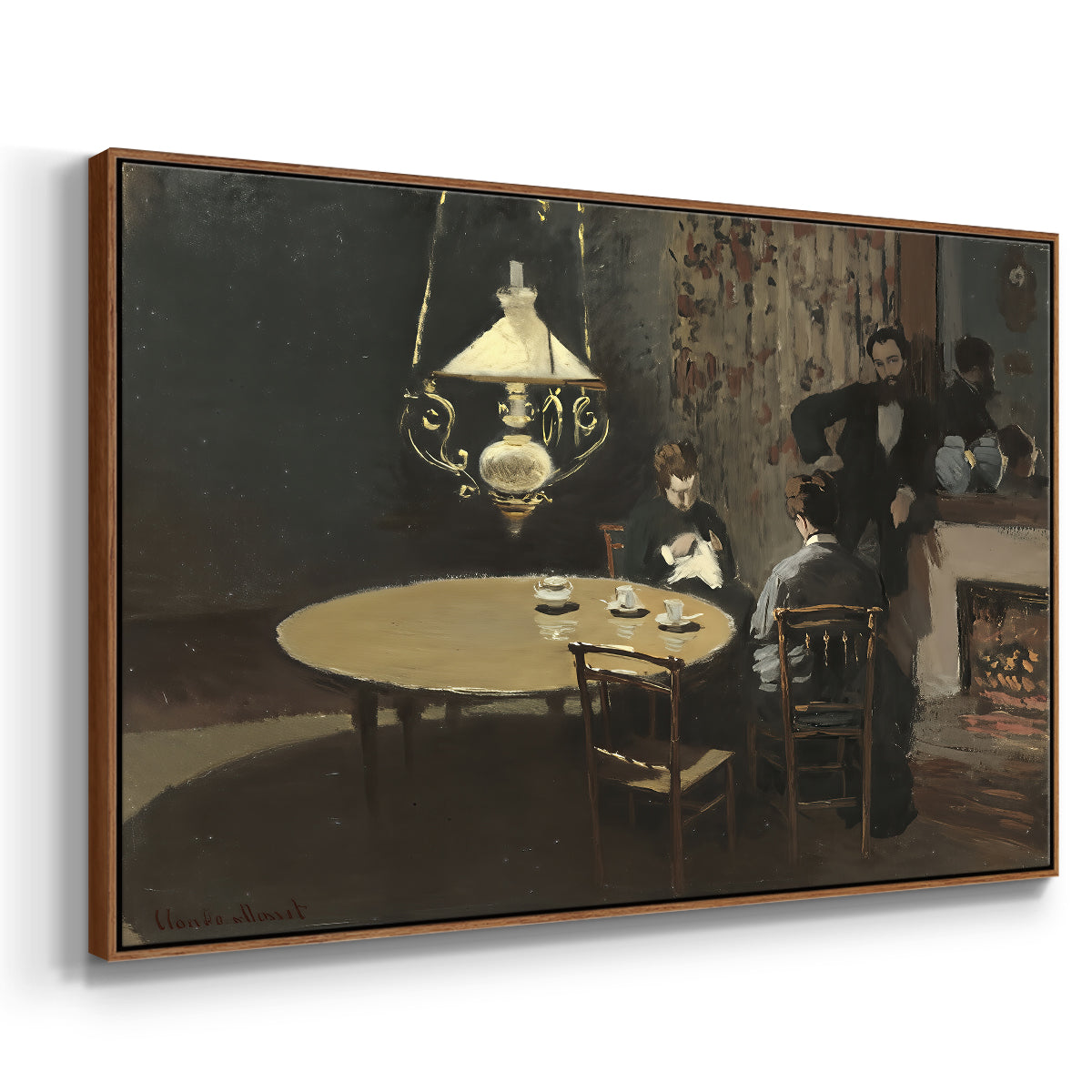 Angled view of Interior, after Dinner, 1868-1869 by Claude Monet in a walnut floater framed canvas.