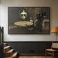 Walnut floater framed canvas featuring an intimate indoor scene with figure and table in low lighting, displayed in a hallway near a staircase.