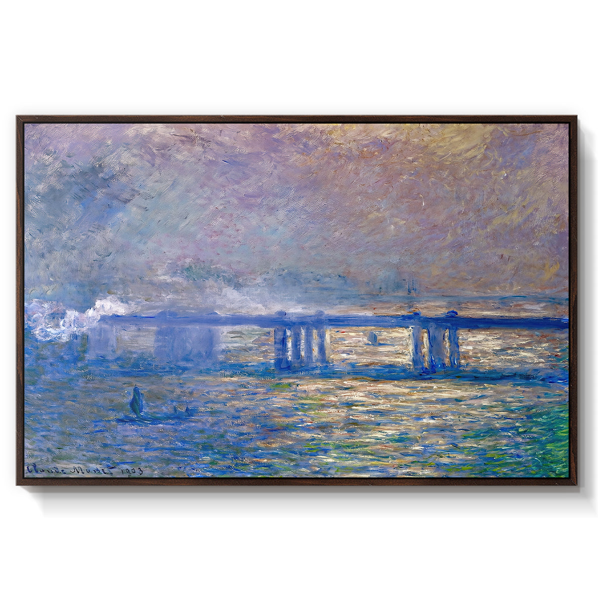 Charing Cross Bridge, 1903 by Claude Monet in a walnut floater framed canvas wall art display.