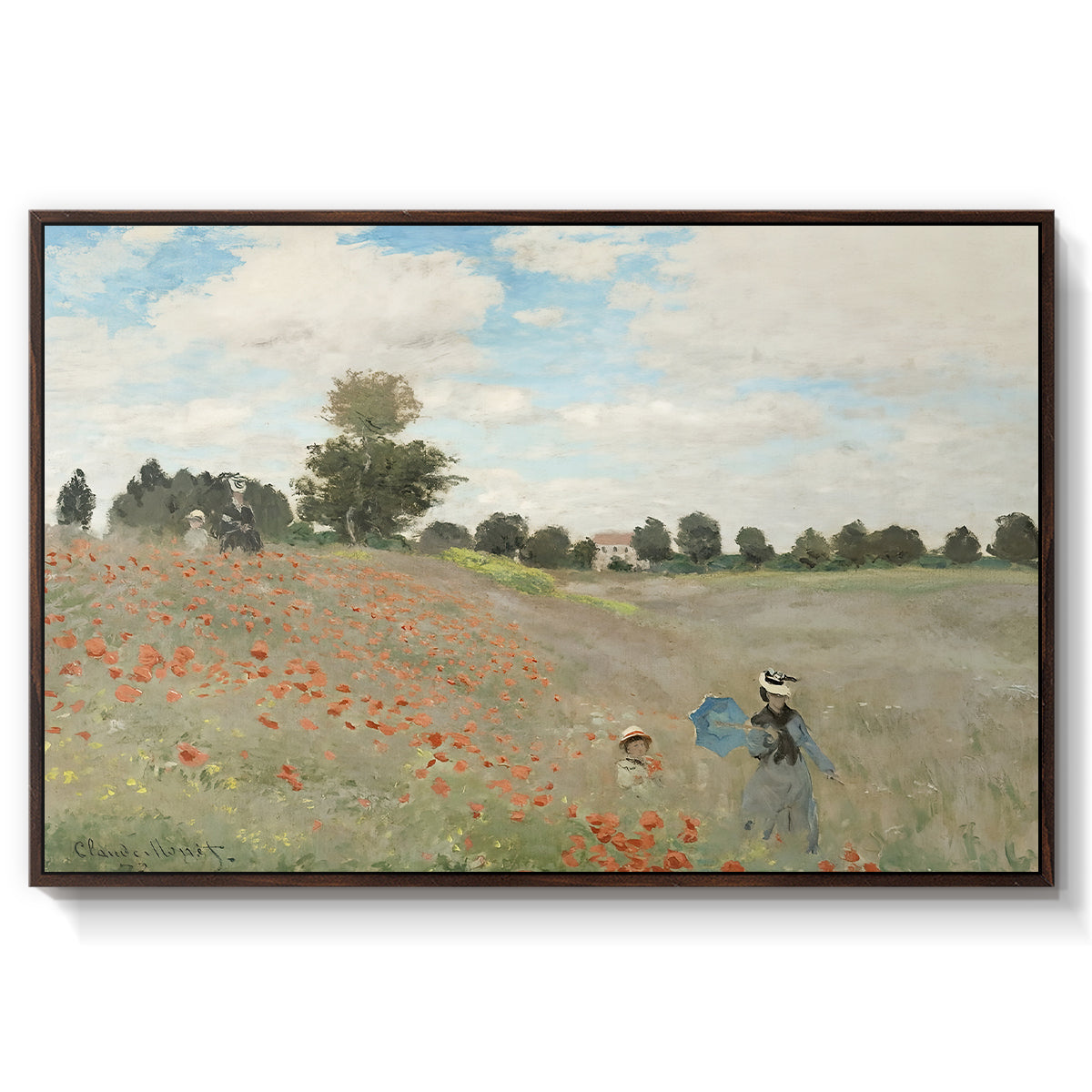 The Poppy Field near Argenteuil, 1873 by Claude Monet in a walnut floater framed canvas wall art display.
