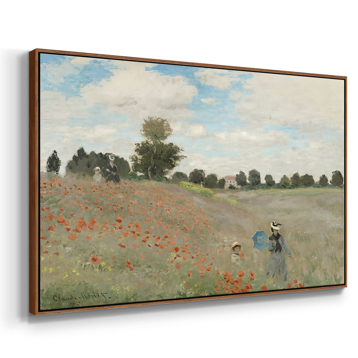 Angled view of The Poppy Field near Argenteuil, 1873 by Claude Monet in a walnut floater framed canvas.