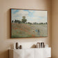 Walnut floater framed canvas of The Poppy Field near Argenteuil, 1873 by Claude Monet, featuring an impressionist countryside scene with flowers and strolling figures above a console cabinet in a minimalist entryway.