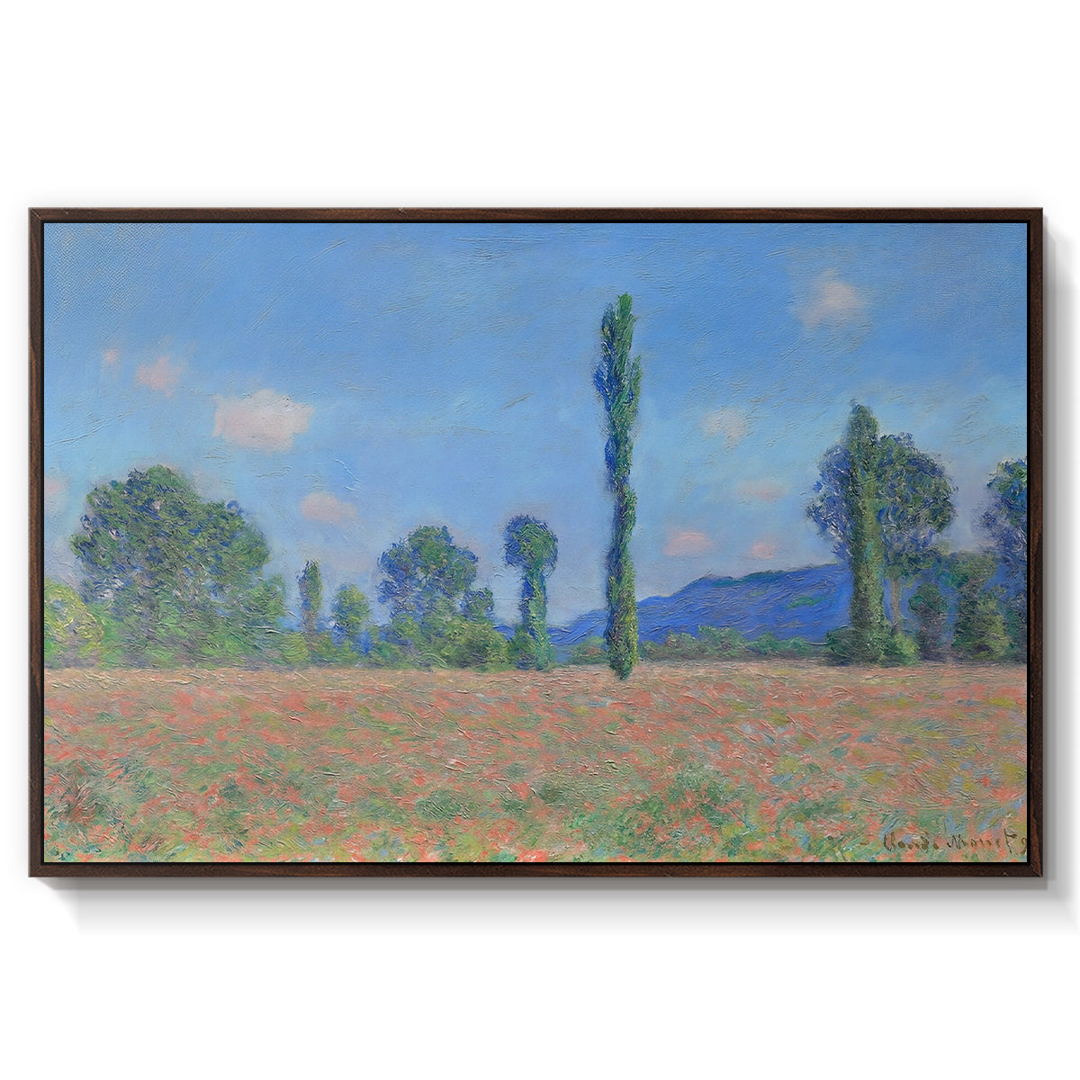 Poppy Field (Giverny), 1890-1891 by Claude Monet in a walnut floater framed canvas wall art display.