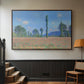 Walnut floater framed canvas featuring a rural field filled with red blossoms beneath open sky, displayed in a hallway near a staircase.