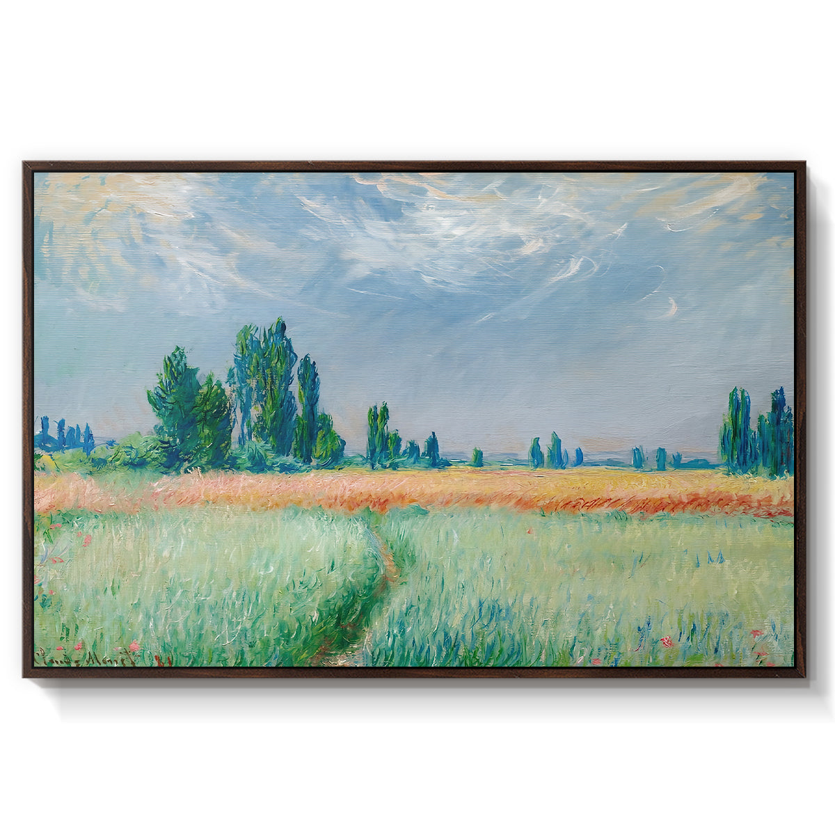 The Wheat Field (Champ de Blé), 1881 by Claude Monet in a walnut floater framed canvas wall art display.