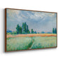 Angled view of The Wheat Field (Champ de Blé), 1881 by Claude Monet in a walnut floater framed canvas.