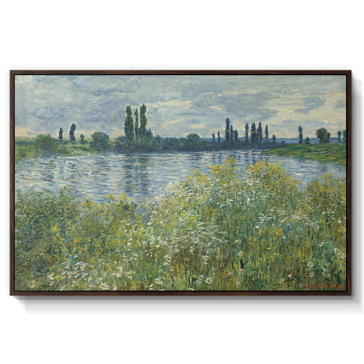 Banks of the Seine, Vétheuil, 1880 by Claude Monet in a walnut floater framed canvas wall art display.