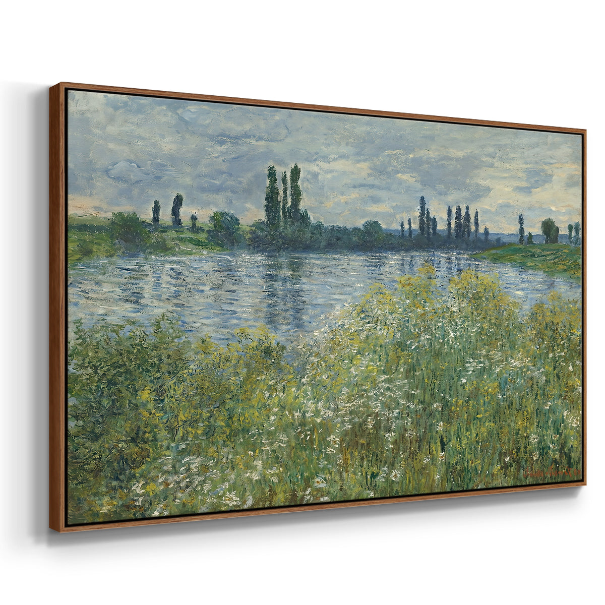 Angled view of Banks of the Seine, Vétheuil, 1880 by Claude Monet in a walnut floater framed canvas.