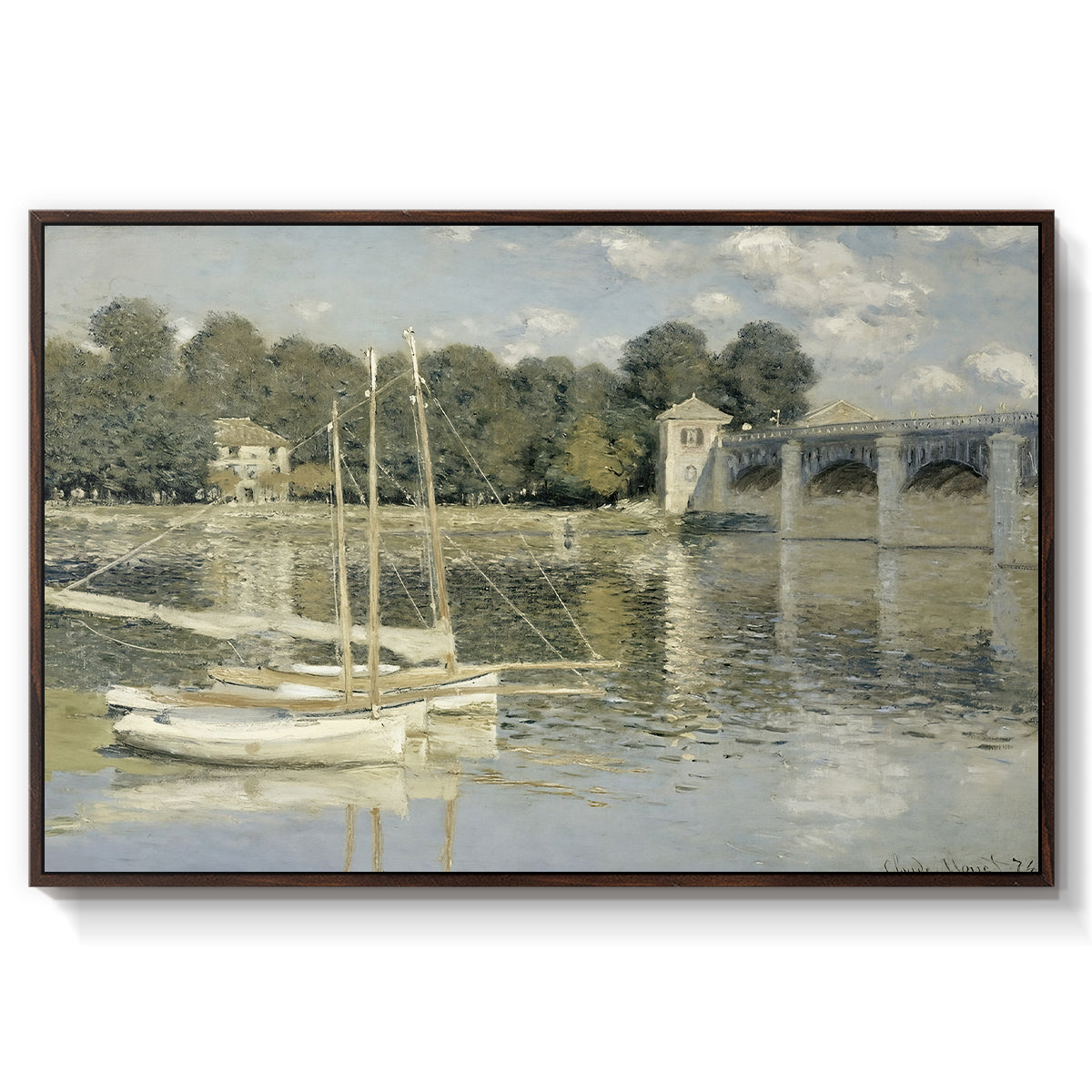 The Bridge at Argenteuil, 1874 by Claude Monet in a walnut floater framed canvas wall art display.