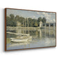 Angled view of The Bridge at Argenteuil, 1874 by Claude Monet in a walnut floater framed canvas.