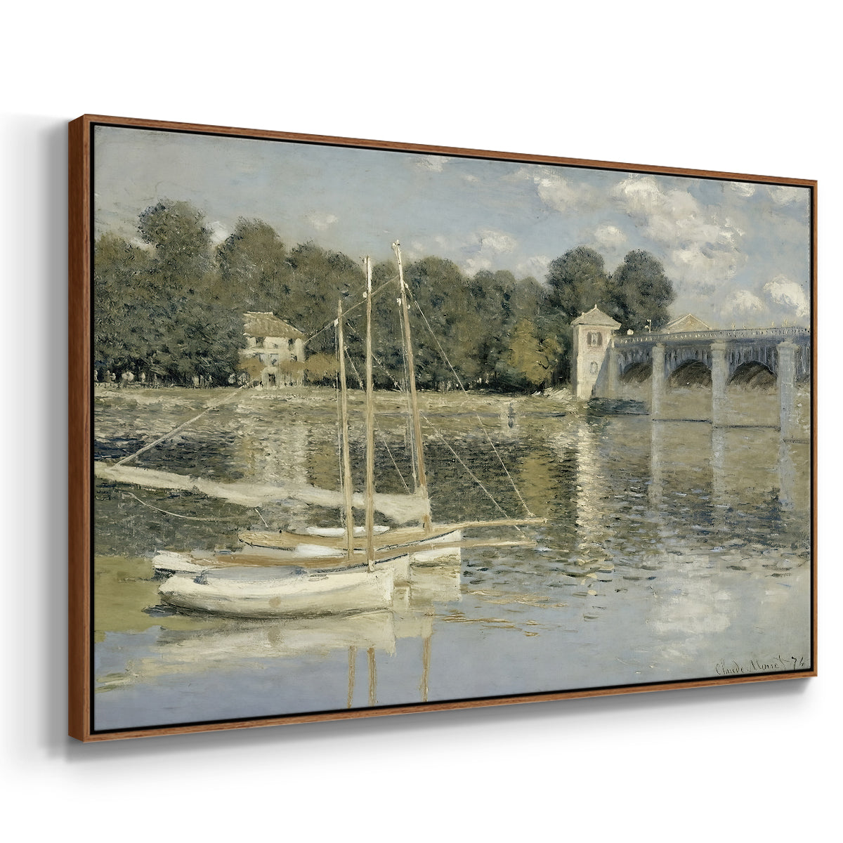 Angled view of The Bridge at Argenteuil, 1874 by Claude Monet in a walnut floater framed canvas.