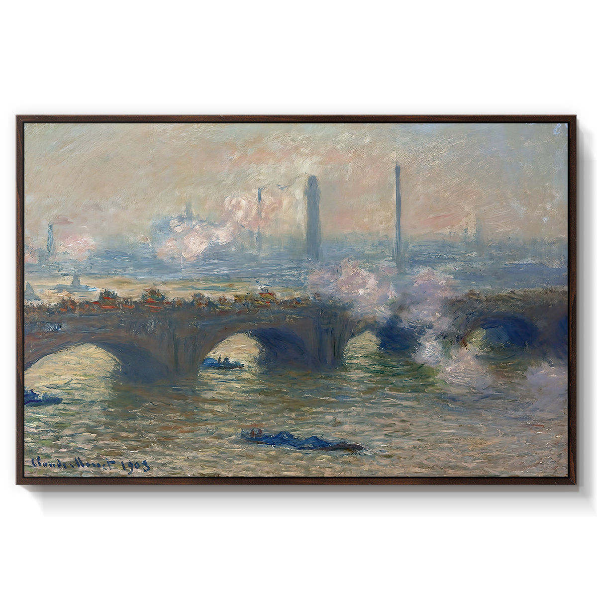 Waterloo Bridge, Gray Day, 1903 by Claude Monet in a walnut floater framed canvas wall art display.