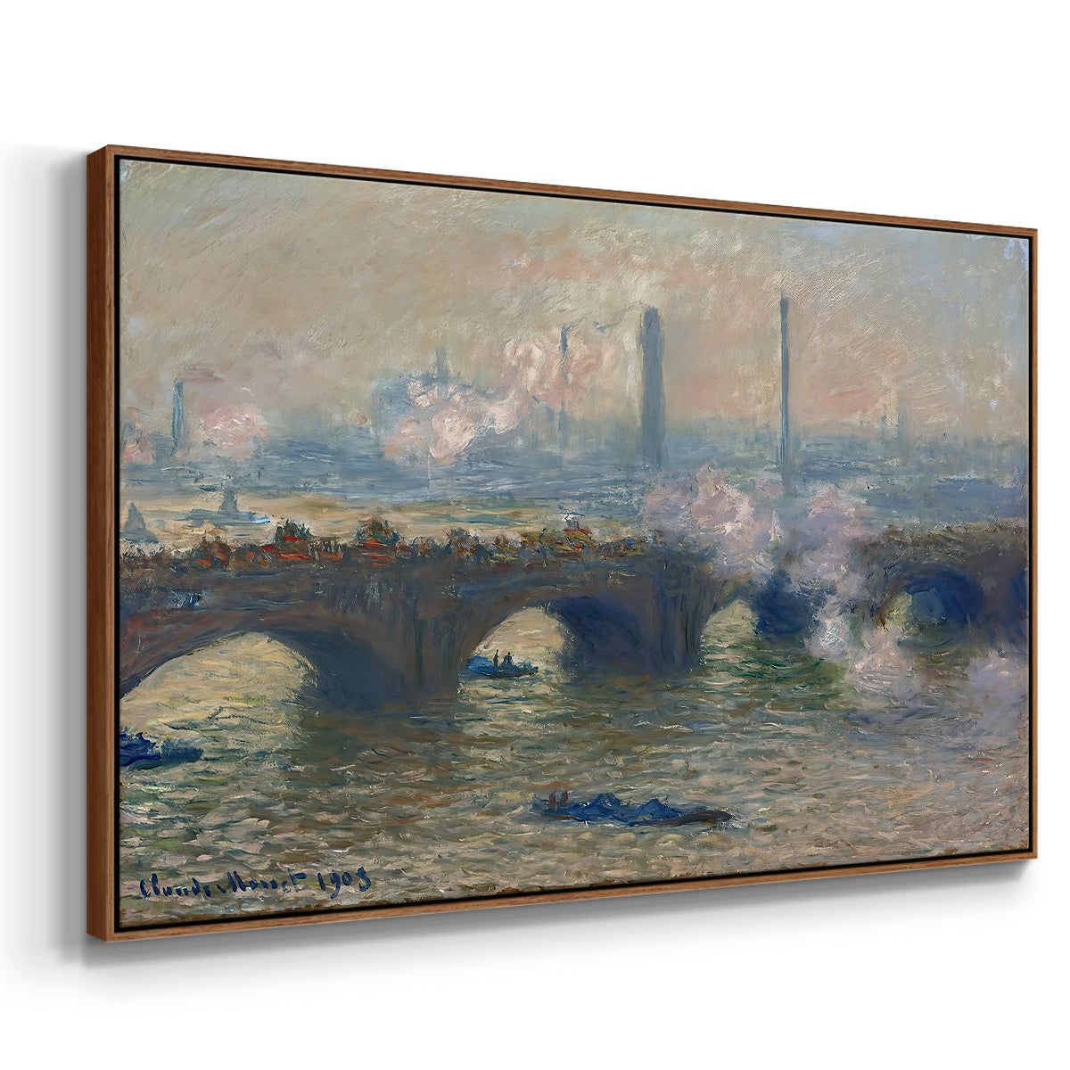 Angled view of Waterloo Bridge, Gray Day, 1903 by Claude Monet in a walnut floater framed canvas.