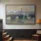 Walnut floater framed canvas featuring a foggy London bridge view with softened architectural forms, displayed in a hallway near a staircase.