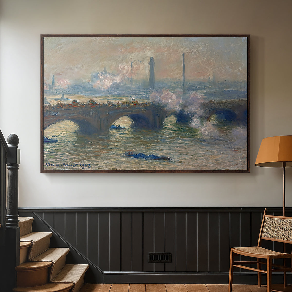 Walnut floater framed canvas featuring a foggy London bridge view with softened architectural forms, displayed in a hallway near a staircase.