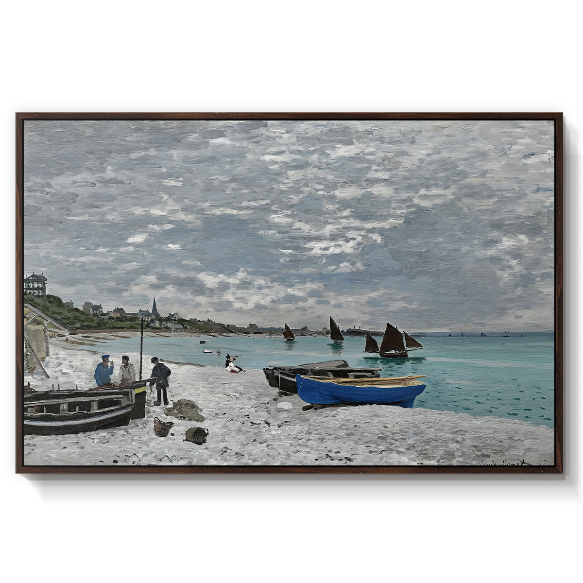 The Beach at Sainte-Adresse, 1867 by Claude Monet in a walnut floater framed canvas wall art display.