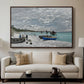 The Beach at Sainte-Adresse, 1867 by Claude Monet displayed in a walnut floater framed canvas above a sofa in a clean living room.