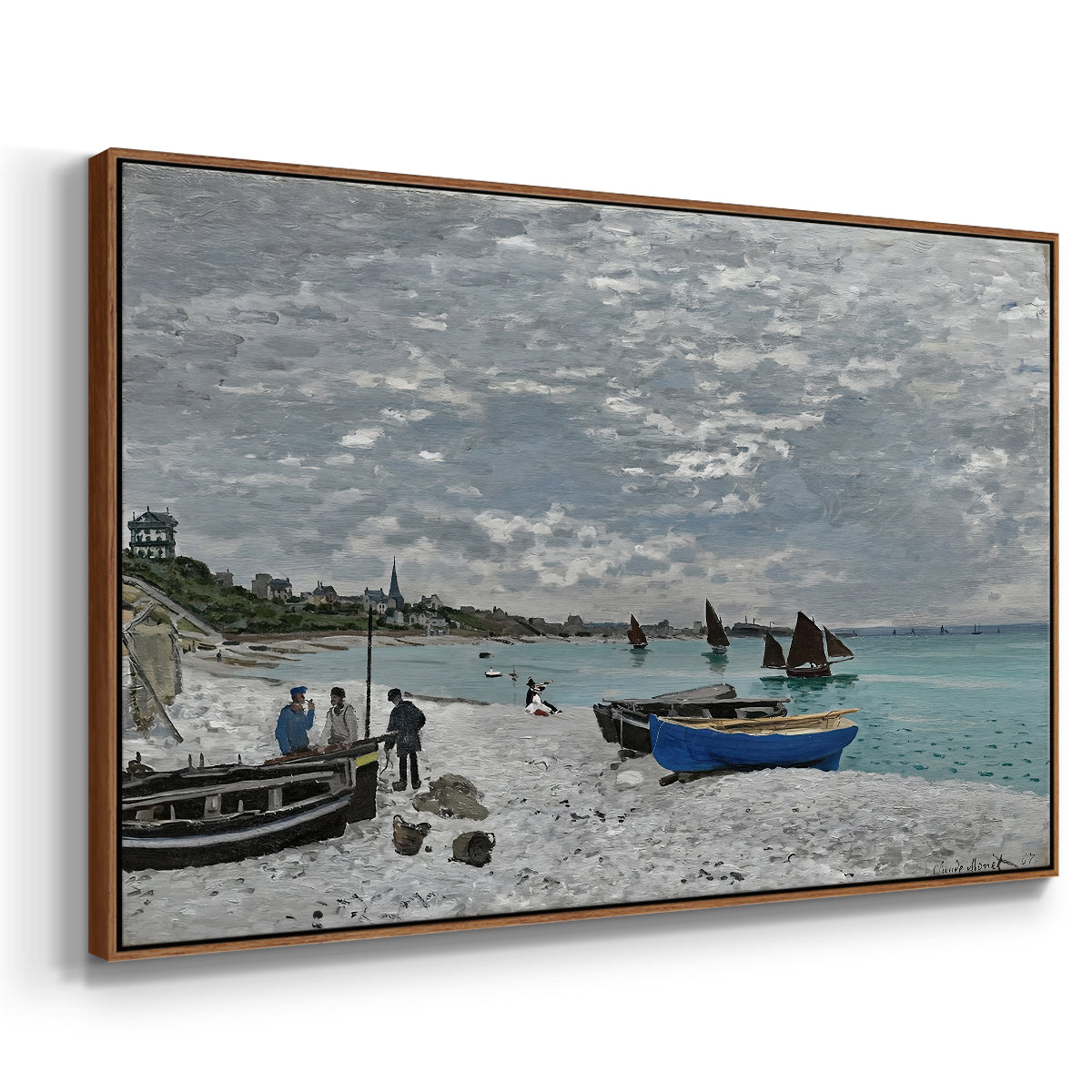 Angled view of The Beach at Sainte-Adresse, 1867 by Claude Monet in a walnut floater framed canvas.