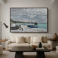 The Beach at Sainte-Adresse, 1867 by Claude Monet as a walnut floater framed canvas featuring a seaside promenade with figures, flags, and boats along the coast, displayed above a sofa in a modern living room.