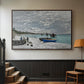 Walnut floater framed canvas featuring an impressionist seaside gathering with flags and ocean view, displayed in a hallway near a staircase.