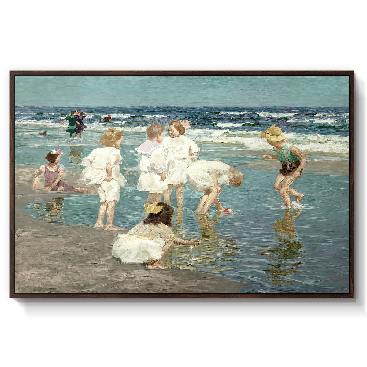 A Holiday, c. 1915 by Edward Henry Potthast in a walnut floater framed canvas wall art display.