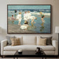 A Holiday, c. 1915 by Edward Henry Potthast displayed in a walnut floater framed canvas above a sofa in a clean living room.