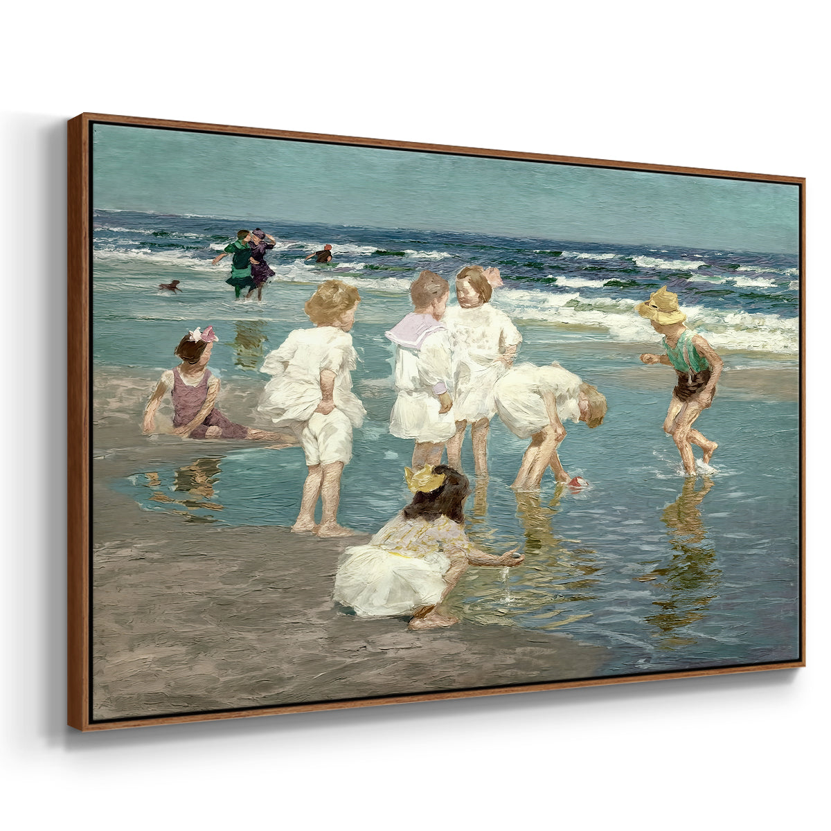 Angled view of A Holiday, c. 1915 by Edward Henry Potthast in a walnut floater framed canvas.